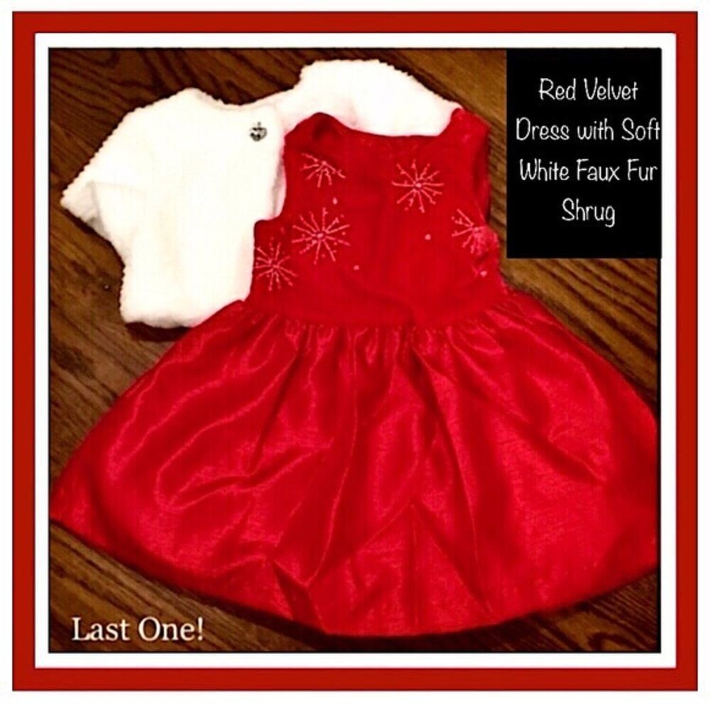 Red Velvet Party Dress White Faux Fur Shrug & Bow - Picture 8 of 14